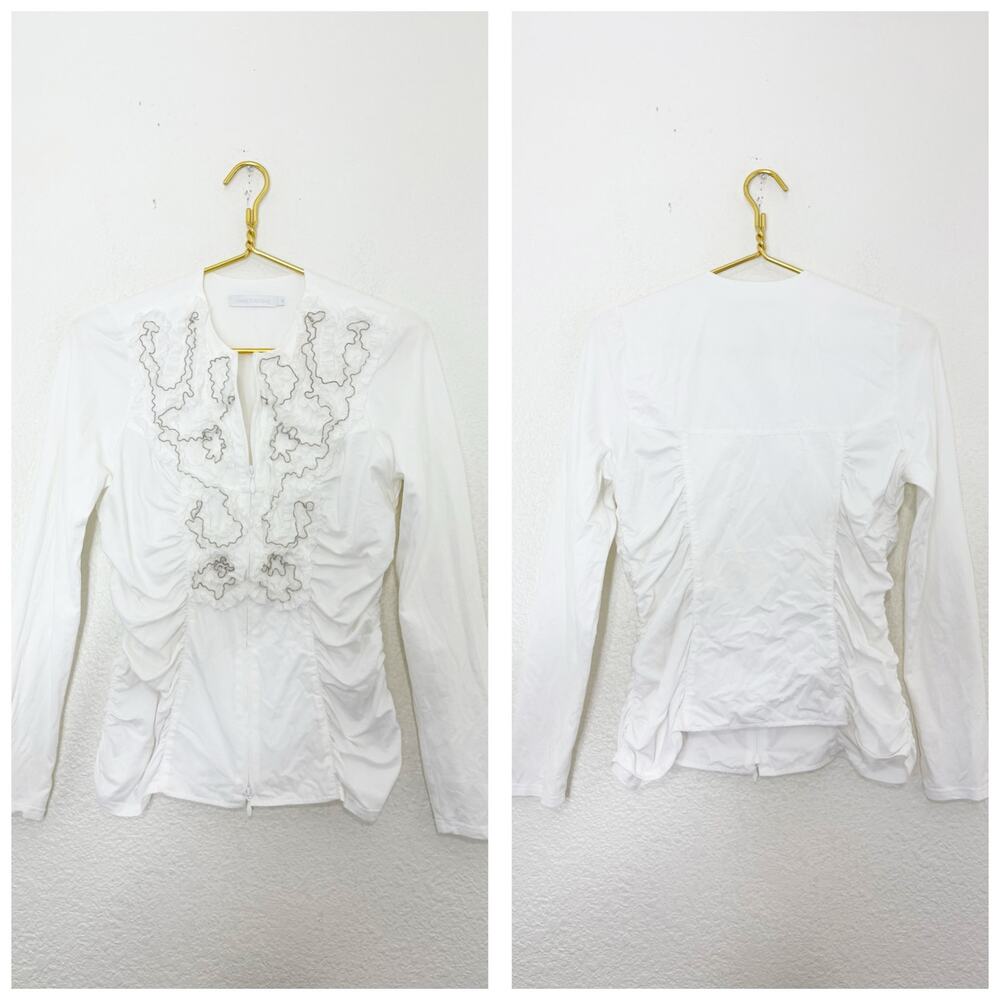 Anne Fontaine White Pima Cotton Ruffle Zip Up Night Top Size 42
